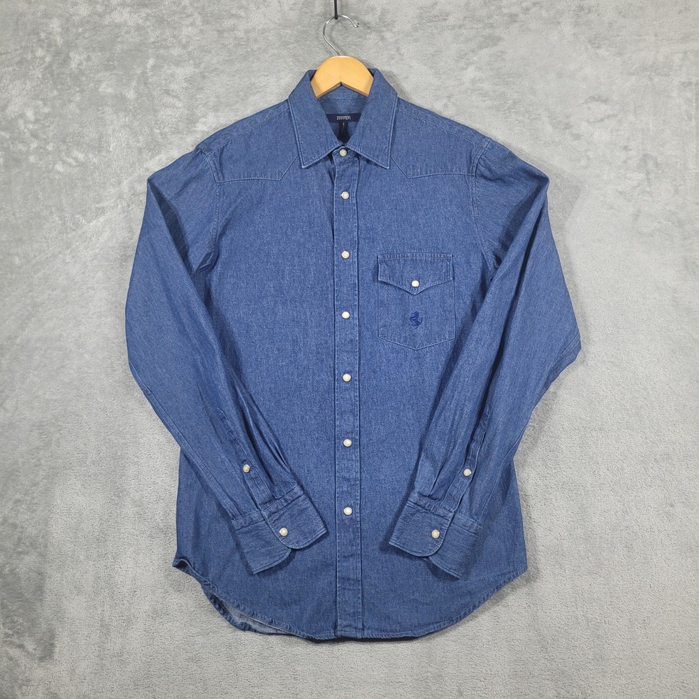 Ferrari Shirt Mens Large Blue Pearl Snap Denim Western Horse Logo Ferrari Spa